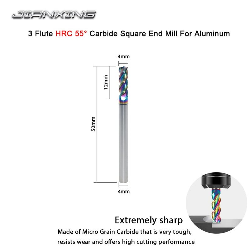 JIANXING 4mm Carbide Square End Mill for Aluminum & Copper Applications, 3-Flute, HRC 55 Deg, 4mm Cutting Diameter, 50mm Length, High Feed U-Type Design, for Roughing and Finishing (3 Pieces) - Image 2